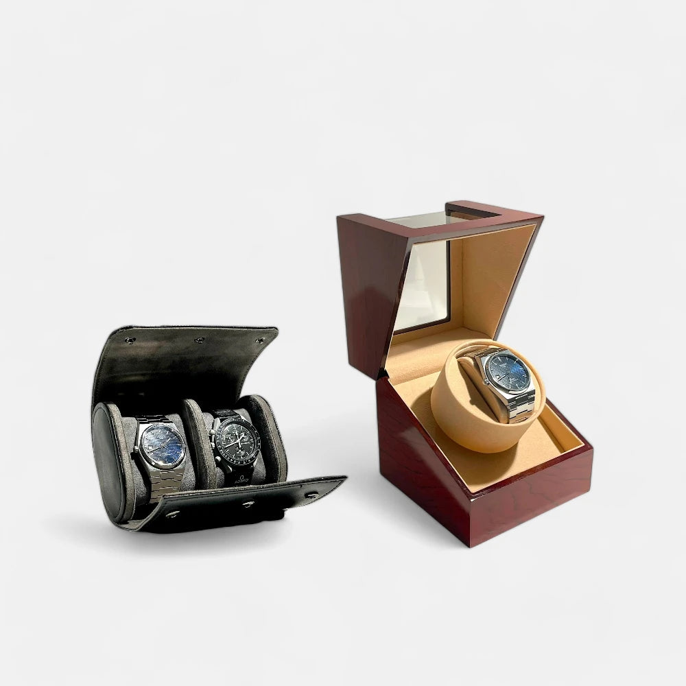 Double Deluxe Bundle and Save Set, Voyager Watch Travel Case Double, Carina Watch Winder, Mahogany Colour, Front Side