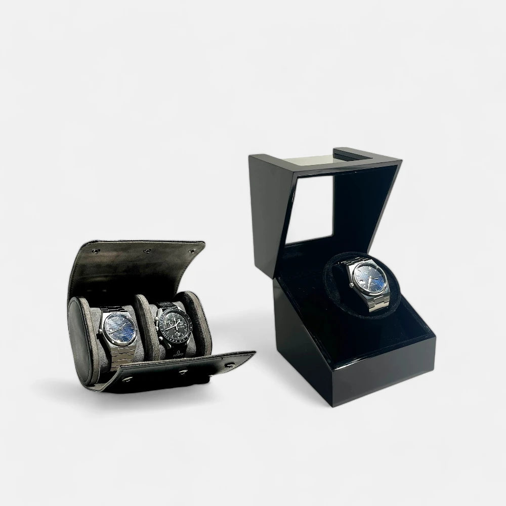 Double Deluxe Bundle and Save Set, Voyager Watch Travel Case Double, Carina Watch Winder, Noir Colour, Front Side