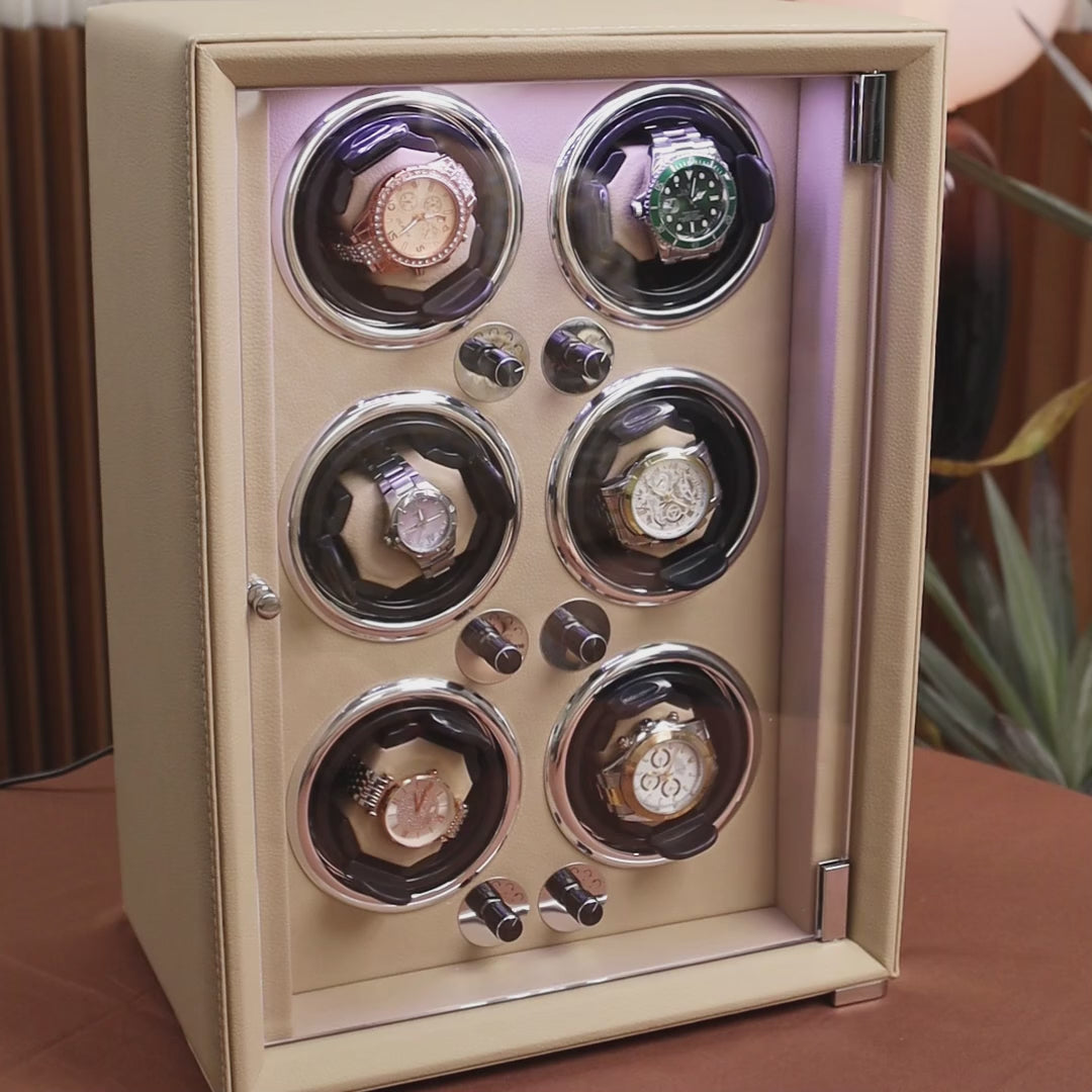 Imperium Watch Winder, Creme Colour, Rotating Demo, Watch Pillow Demo